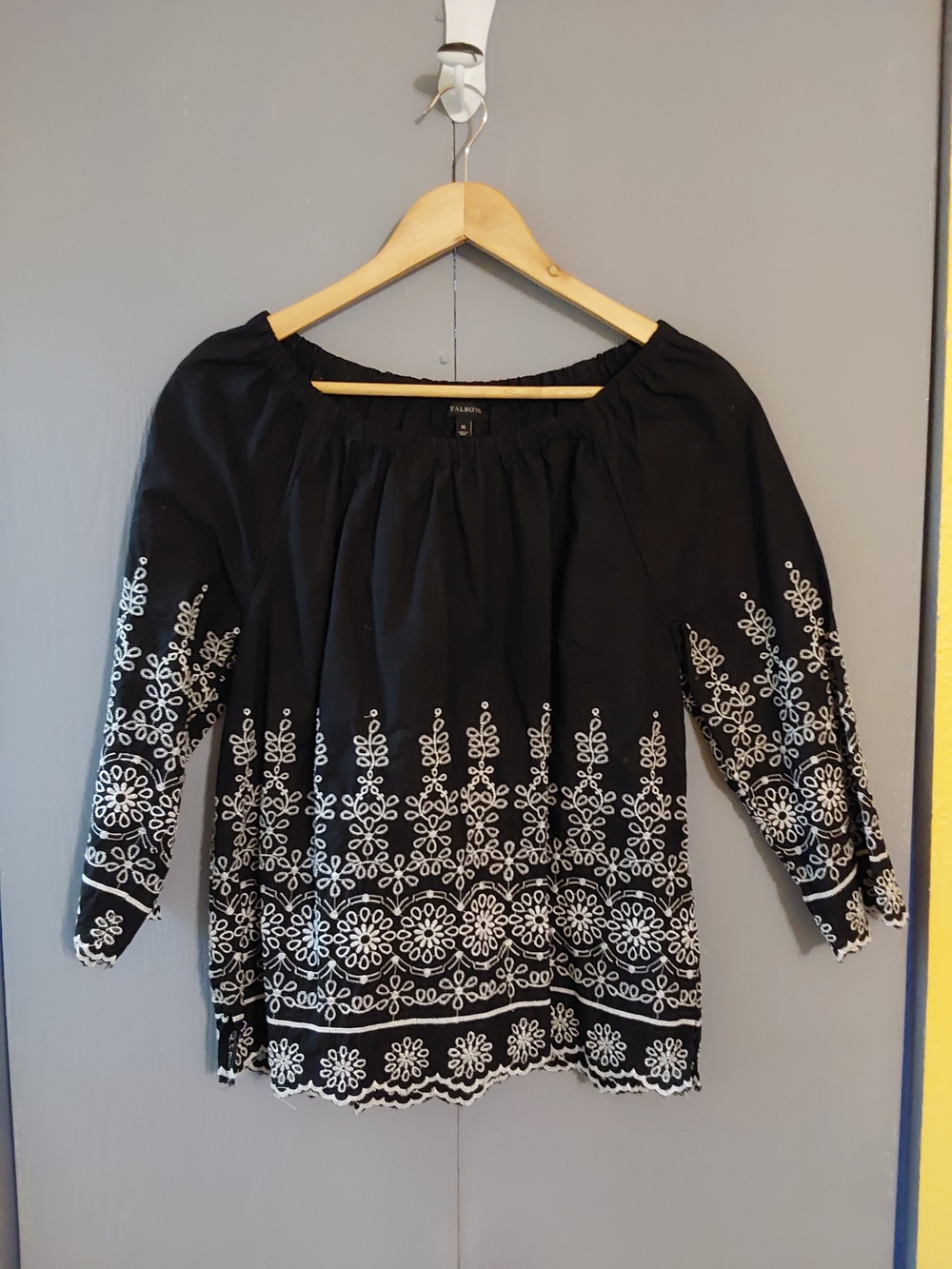 Talbots Black Peasant Top with White Embroidery